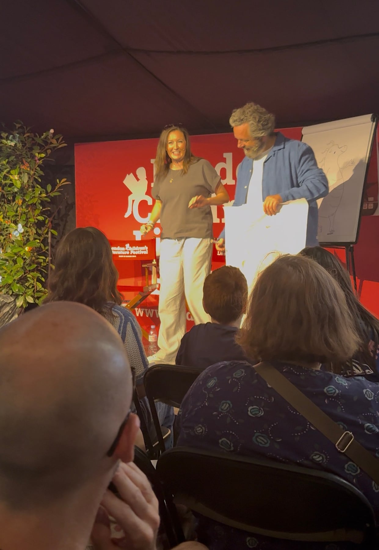 Jess Webb and Michael Sheen speaking to families at the London Children's Literature Festival